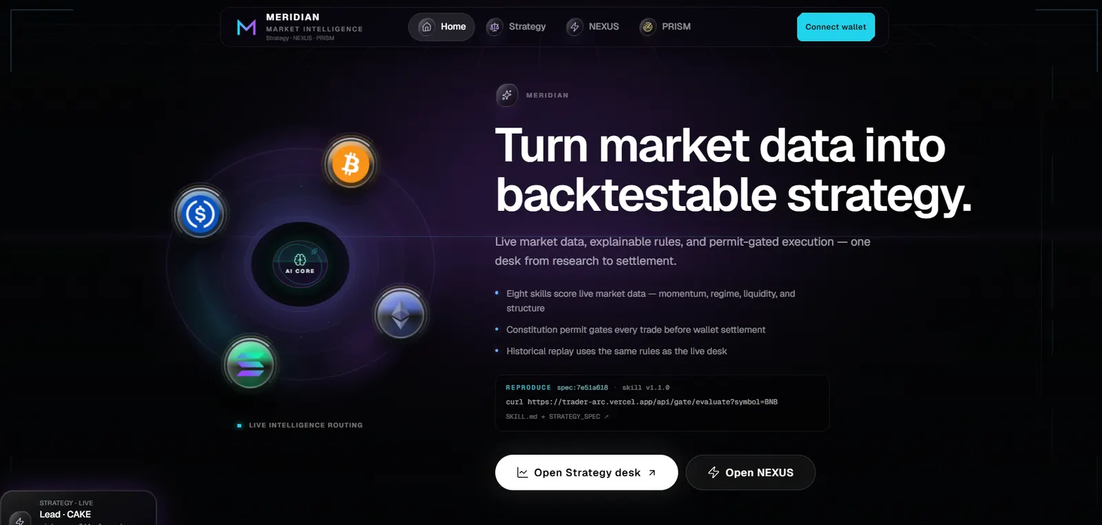 MERIDIAN market intelligence and strategy replay interface